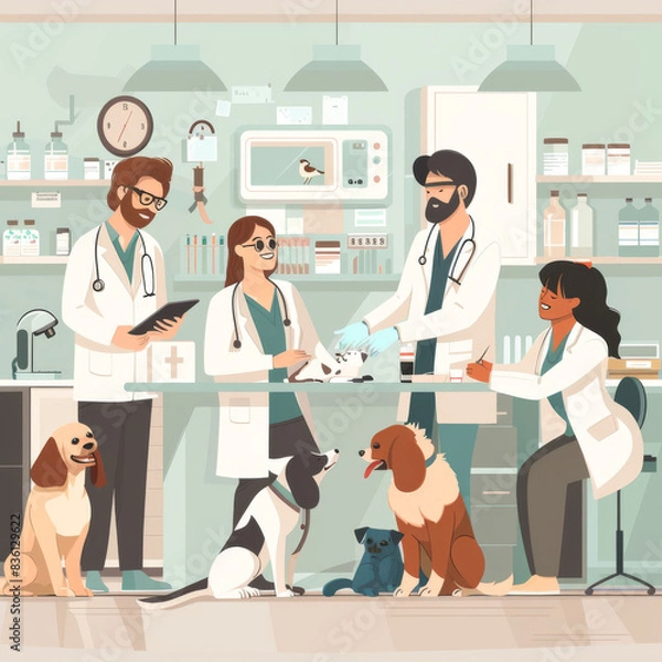 Obraz Veterinary Professionals Administering Advanced Medical Treatment to Pets and Animals - A Collaborative Team of Veterinarians Dedicated to Animal Health in a Modern Clinic Setting, Ai generative
