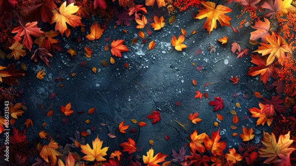 Fototapeta autumn background, forest with colorful foliage, fallen leaves on the ground, crisp and bright