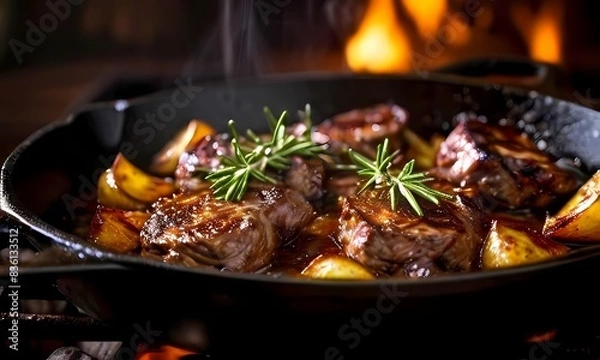 Fototapeta Mutton chops glazed with rosemary and garlic sizzling on a cast iron skillet close up shot, Ai Generated