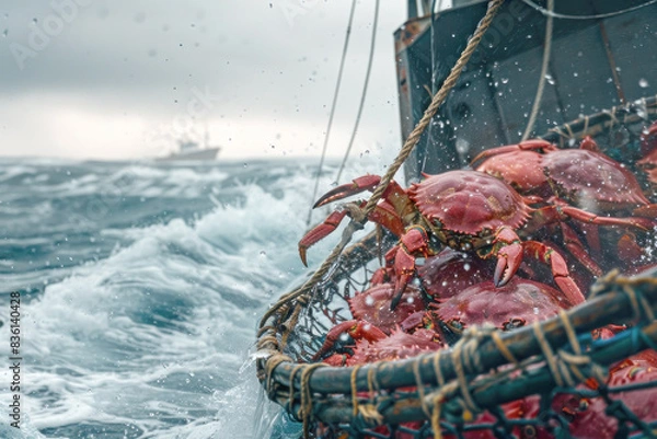 Fototapeta Fishermen Catching Red King Crab in Rough Sea with Fishing Boat and Traps
