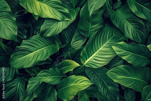 Fototapeta Close-up of lush green tropical leaves, showcasing the natural beauty and texture of the foliage. Perfect for nature and botanical themes.