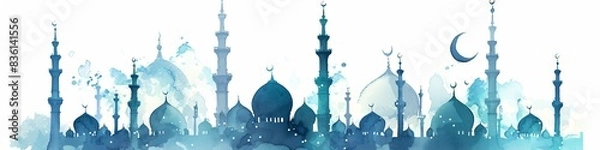 Fototapeta Panorama view of Taj Mahal at starry night. Night ancient arab city in desert, east architecture in oasis. Happy Independence Day of India. Travel and tourism concept. Watercolor illustration