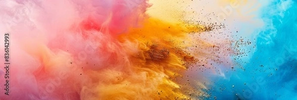 Fototapeta An abstract and dynamic explosion of colorful powders in vivid pink, yellow, and blue tones creates a dazzling visual spectacle, immersing viewers in a vibrant display of color fusion