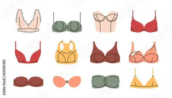 Obraz Various bra set. Underwear icon, stickers. Trendy female underwear. Vector illustration isolated on white background.