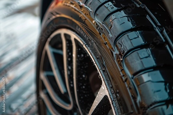 Fototapeta Close-up of wet tire tread, blurred background