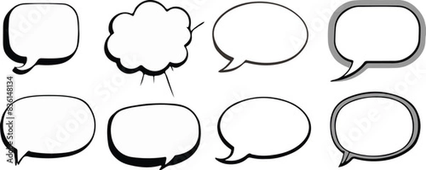 Fototapeta Minimal Empty comic speech bubbles set, Black border, Retro blank dialog boxes, Vintage vector graphic clipart
