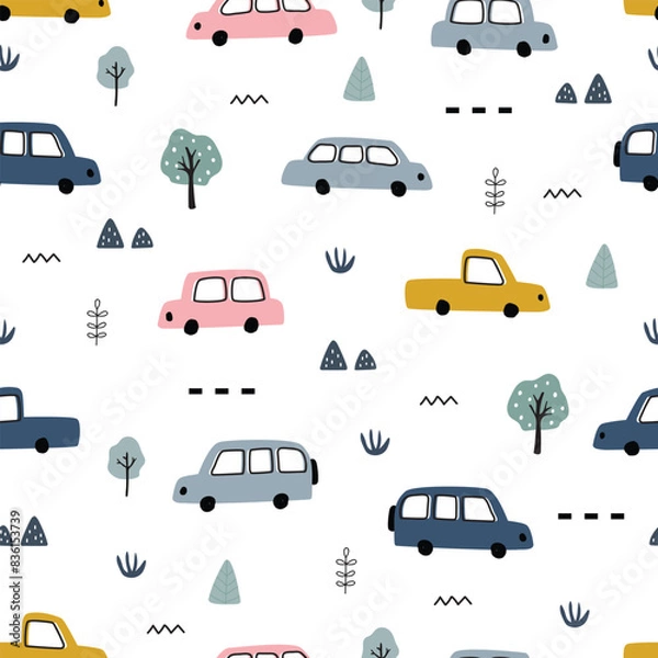 Obraz Seamless pattern with colorful vintage cars and small trees on a white background