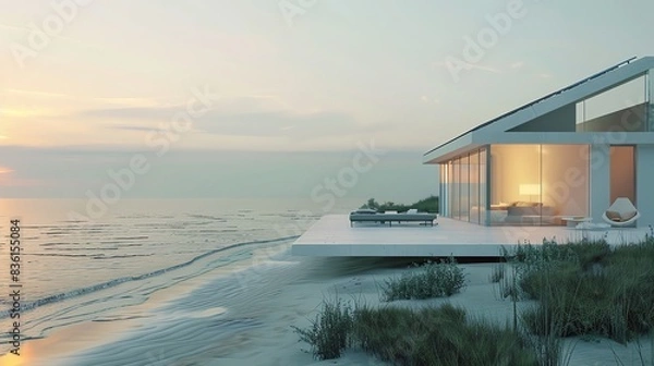 Fototapeta Modern beach house with large windows overlooking the ocean at sunset.