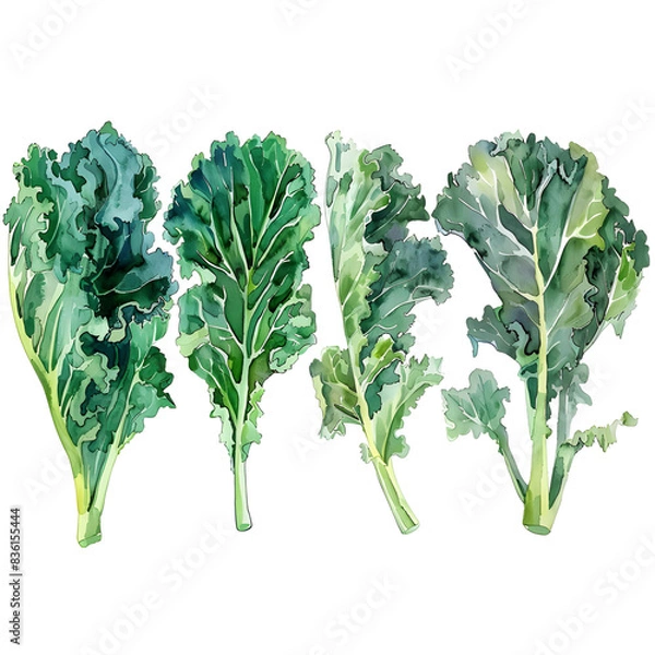 Fototapeta Set Kale  on a white background watercolor hand drawing 