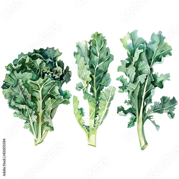Fototapeta Set Kale  on a white background watercolor hand drawing 