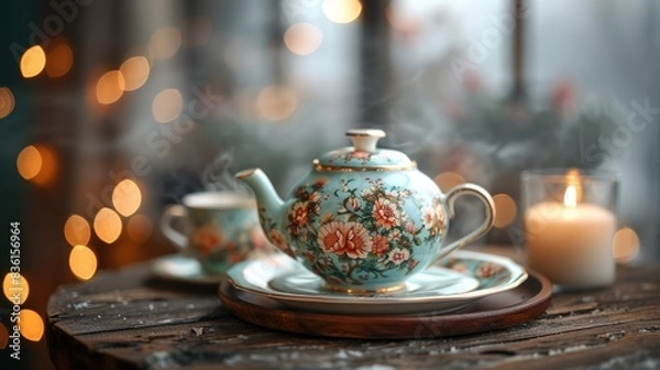 Fototapeta The teapot and teacup are decorated with a floral pattern and the table is covered in snow. 