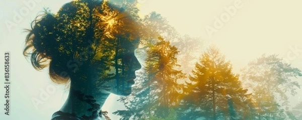 Fototapeta Serene forest and a woman s head combined in double exposure, isolated on white, representing inner peace and connection with nature, copy space