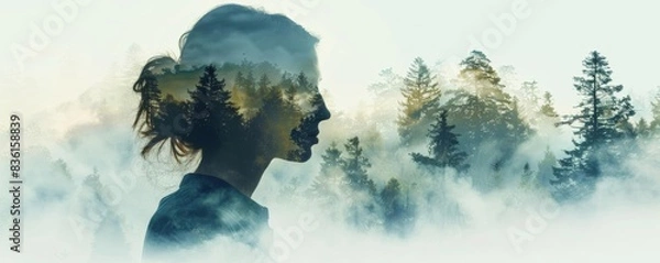 Fototapeta Serene forest landscape combined with a woman s silhouette, double exposure, isolated on white, highlighting calmness and natural bond, copy space