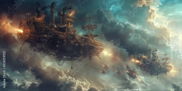 Fototapeta A steampunk-inspired airship battle amidst stormy clouds generated by AI