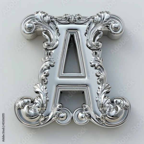 Fototapeta elegant and intricate silver letter A, shining brightly against a clean white background.