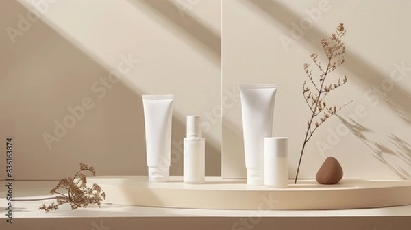 Fototapeta High-quality image of white cosmetic tubes displayed on a stylish podium with related beauty items, well-lit with ample space for text