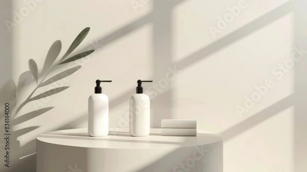 Fototapeta A clean and elegant mockup of white lotion bottles on a minimalist podium, well-lit with plenty of space for copy