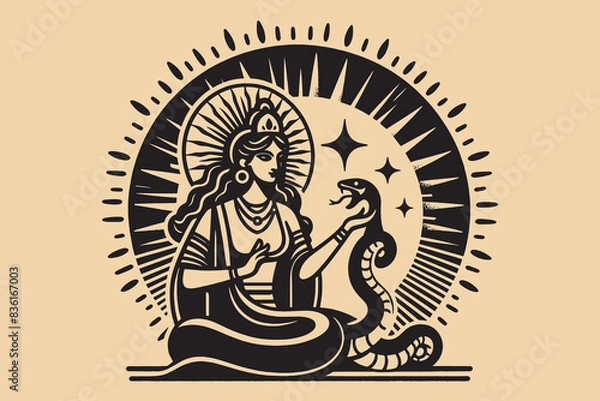 Fototapeta Goddess of snakes. Beautiful woman with a snake. An ancient god. Engraving vector black vintage illustration, emblem, isolated object