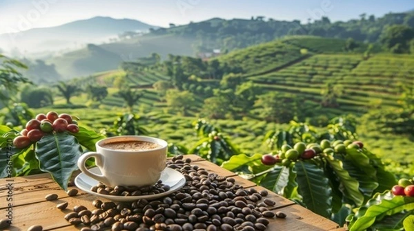 Fototapeta Hot coffee cup and beans on a rustic wooden surface with hills and coffee trees field background.