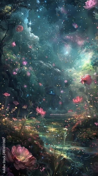 Fototapeta A celestial garden floating amidst the stars, with ethereal flowers blossoming in the void of space generated by AI