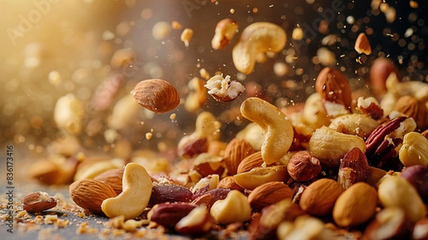 Fototapeta Nüsse als Hintergrund isoliert Mix aus Nüssen fallen aus der Luft in eine Schüssel Welttag der Nüsse 03. August Generative AI