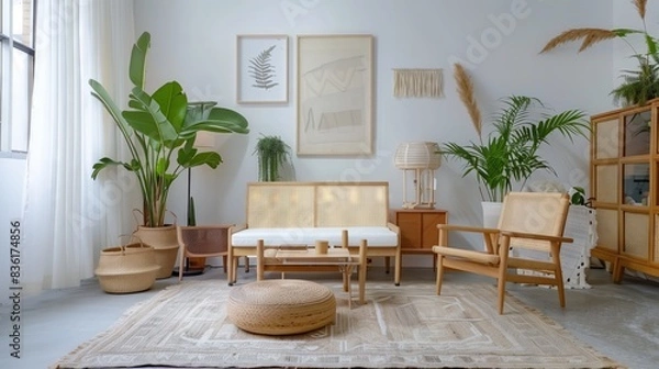 Fototapeta Chic minimalist home decor store with stylish furniture, plants, and art, creating an inviting atmosphere.
