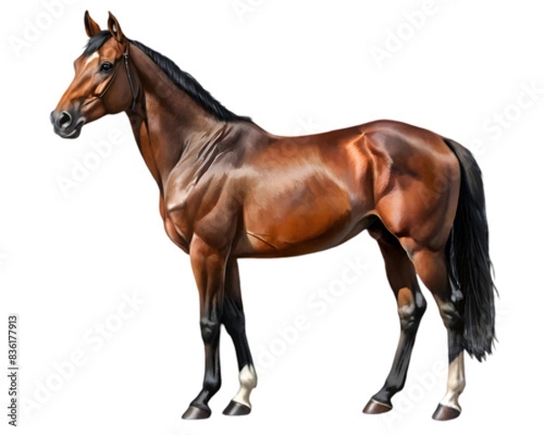 Fototapeta Thoroughbred Horse Front View Illustration, Bay Color, Isolated on White Background, Ideal for Equestrian and Nature Design Projects	