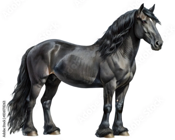Fototapeta Friesian Horse Front View Illustration, Black Color, Isolated on White Background, Perfect for Equestrian, Wildlife, and Farm Projects	