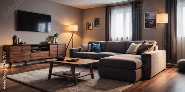 Fototapeta   A cozy minimalist living room with a plush area rug, a low-profile sectional sofa, and a floor lamp with a minimalist shade  