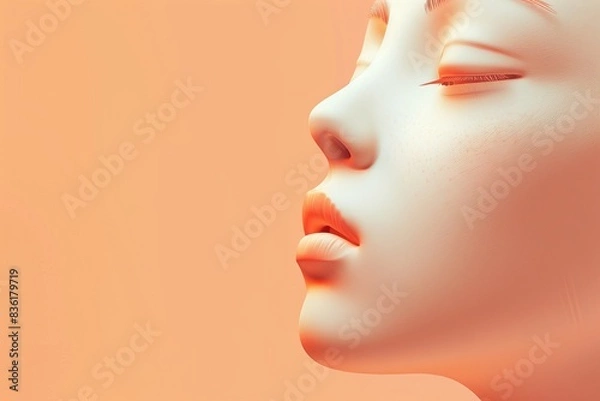 Obraz Close-up of a serene woman's face with eyes closed, bathed in soft orange light. Elegant beauty highlighting peaceful and dreamlike expression.
