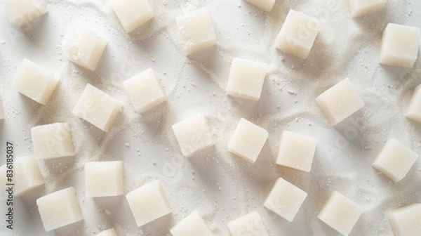 Fototapeta Sugar cubes arranged on a white surface