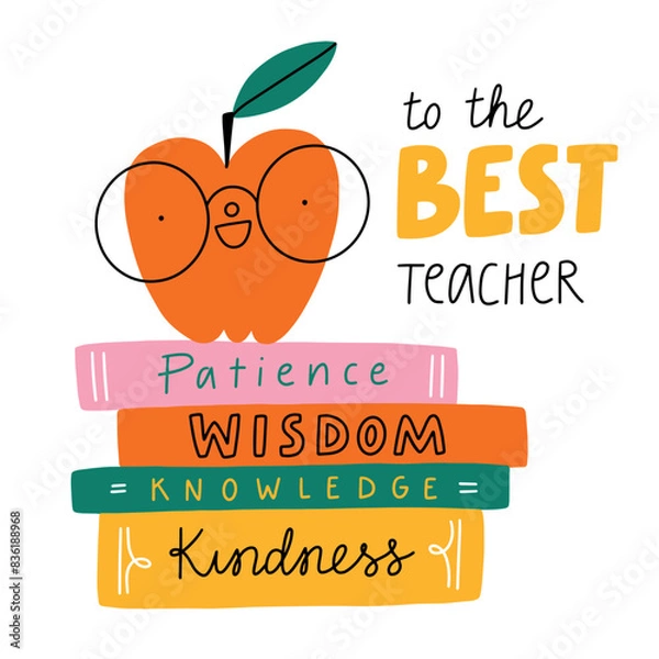 Obraz Apple on a stack of books, best teacher, vector illustration
