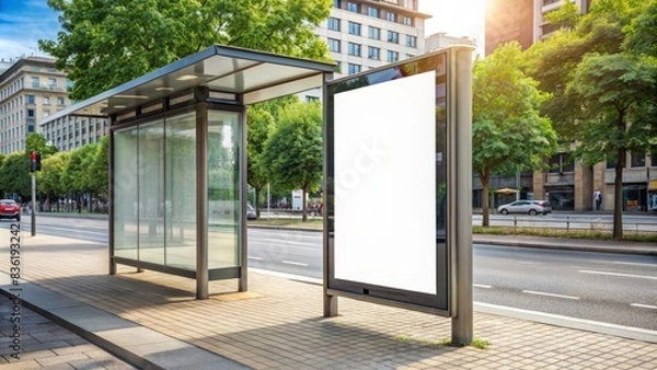 Fototapeta A blank white poster mockup on an outdoor bus stop, with a simple urban background, providing a clean and minimalistic design for advertising or promotional materials