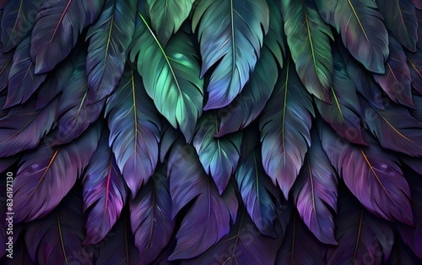 Fototapeta background of feathers, dark purple feathers, with green and emerald, bird feathers and fluff