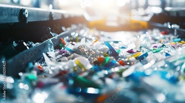 Fototapeta Close-up of a sophisticated sensor sorting plastics by type, focus on sensor head, dynamic, bright factory light