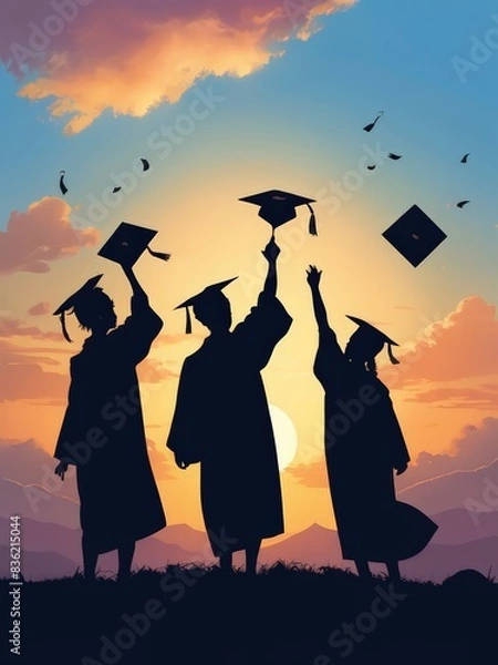Fototapeta Graduation Caps Thrown in the Air. Graduation caps confetti. Flying students hats with golden ribbons isolated. University, college school education background. University caps student