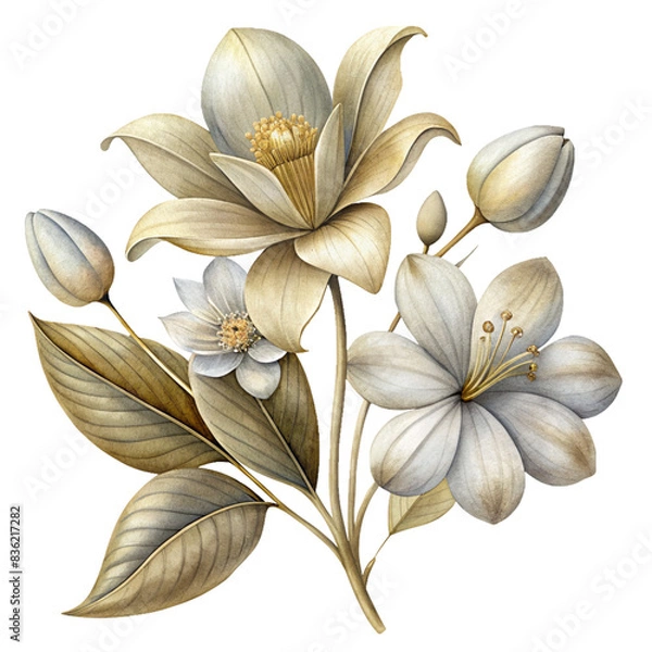 Fototapeta Delicate and detailed illustrations of flowers and botanical elements, ideal for use in greeting cards, invitations, and digital art.
