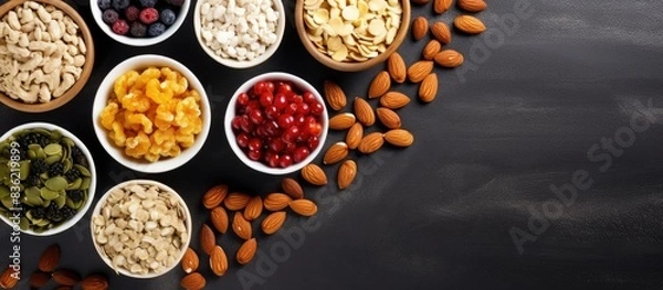 Fototapeta Close-up image displaying a variety of superfood breakfast bars comprised of oats, nuts, and berries placed on a table background with empty space for text or graphics - a superfood concept captured