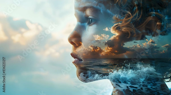 Fototapeta Child profile merged with rising sea levels: Climate change challenges for youth in Photo Stock Concept