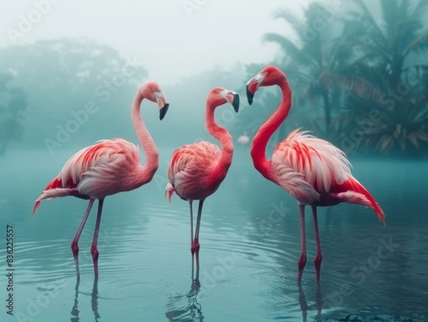 Fototapeta Three pink flamingos standing gracefully in misty waters with tropical foliage in the background.