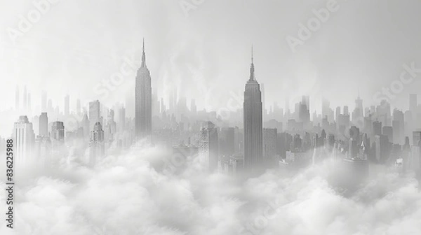 Fototapeta White background, city skyline in the fog, vector graphics, simple lines, white color scheme, minimalist style, high resolution, high quality, high detail, high sharpness, high contrast, high saturati