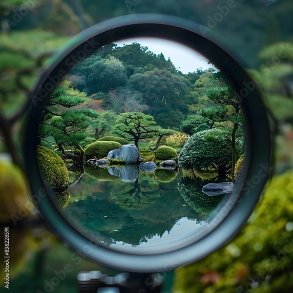 Obraz Magnifying Glass in Forest: Mirror Reflection on Tree, Nature's View through Car Window, Summer Driving Landscape