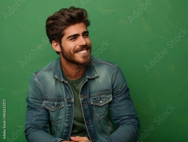 Fototapeta A cheerful man with a beard sitting relaxed, hands clasped, against a green background, wearing a denim jacket.