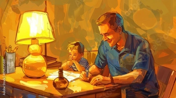 Fototapeta Fatherhood and remote business. Happy young single dad working at home while kids plays next to him