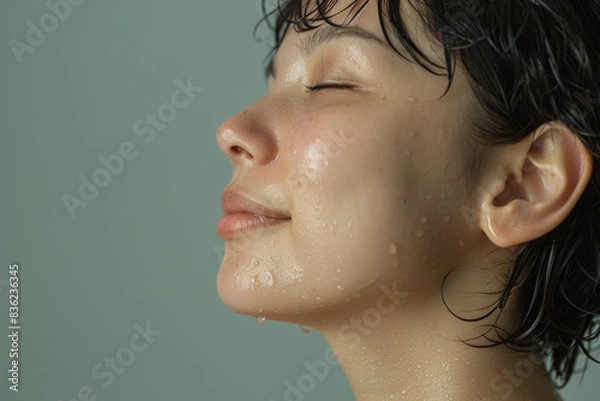Fototapeta A close up of a woman after having a shower with her eyes closed looking to a side