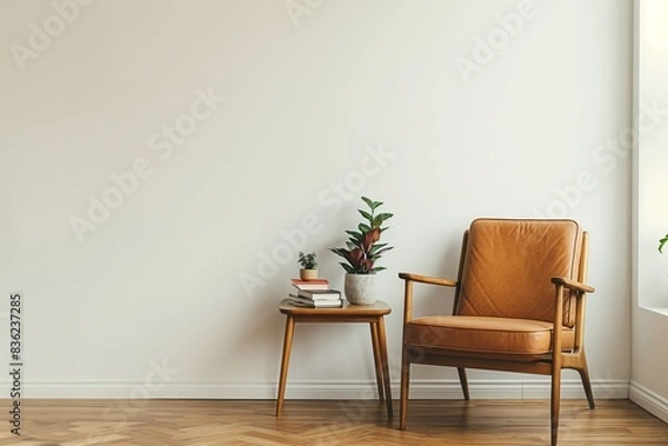 Fototapeta Minimalist living room with a clean and cozy aesthetic, featuring a brown leather armchair