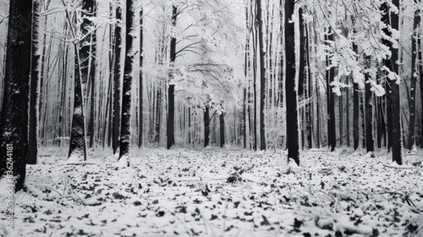 Fototapeta Monochrome winter forest with snow covered trees and fallen leaves