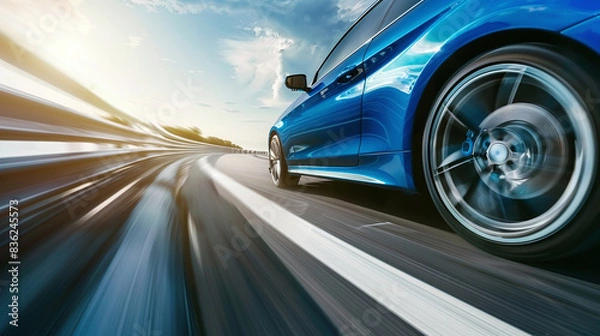 Fototapeta Rear view of blue Business car on high speed in turn. Blue car rushing along a high-speed highway, fast blur background	