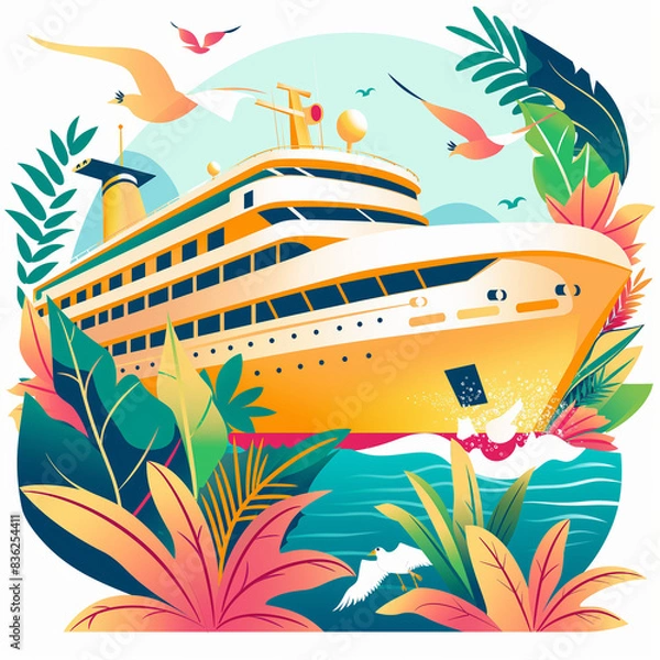 Obraz  Flat illustration of a cruise ship surrounded by tropical foliage and seagulls,