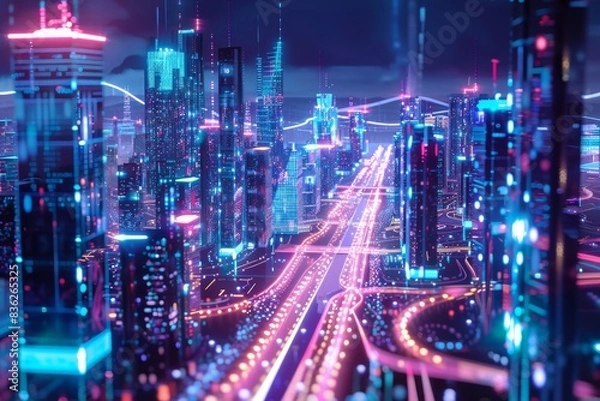 Obraz A vibrant cityscape connected by a robust 5G network, where everything from cars to home appliances is interconnected, illustrating the advancements in communication technology
